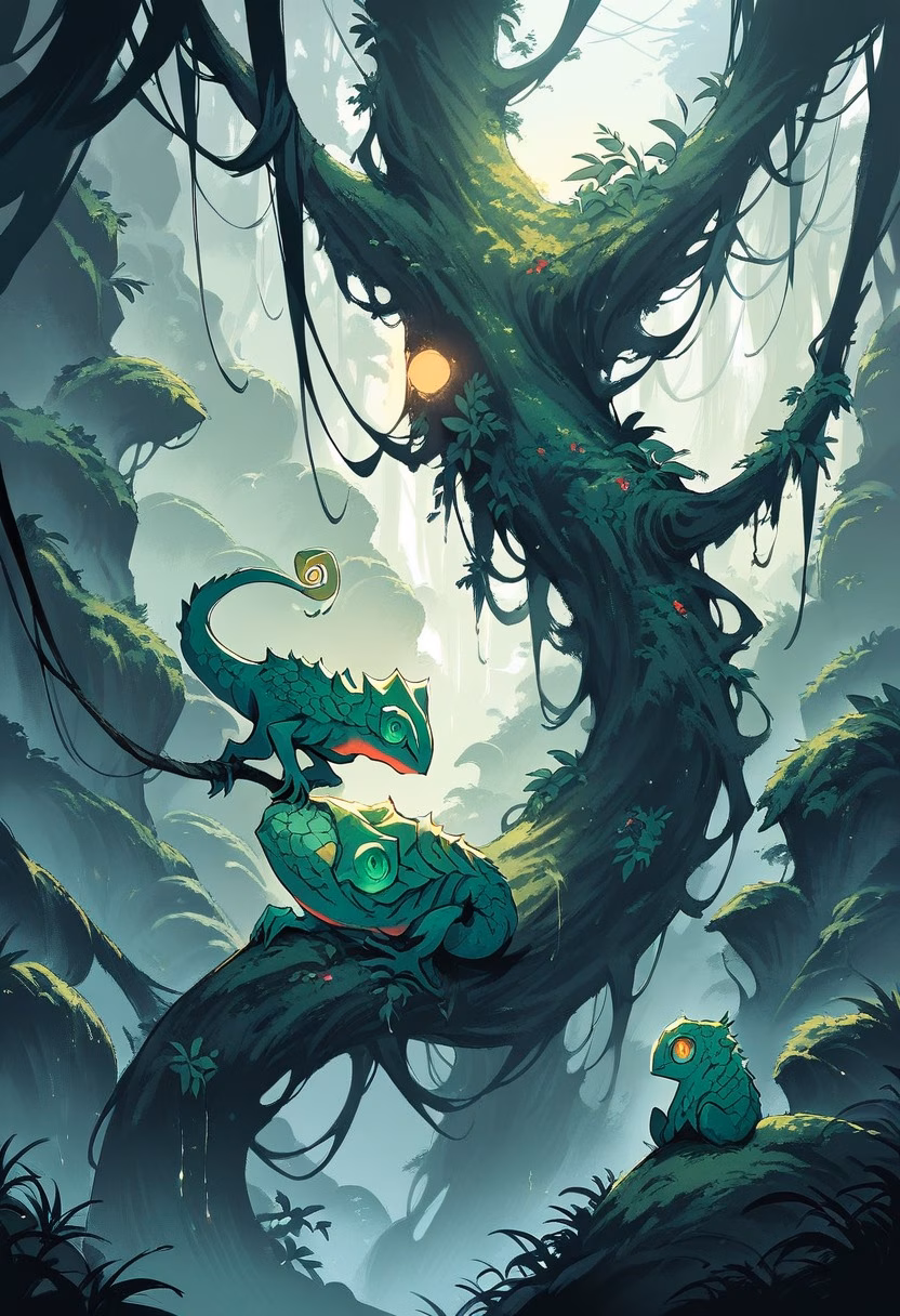 Chameleon In The Mist — view 2 — tiny emerald chameleon, gripping a rainforest vine, humid morning fog swirling below, pale dawn light, quiet mysterious