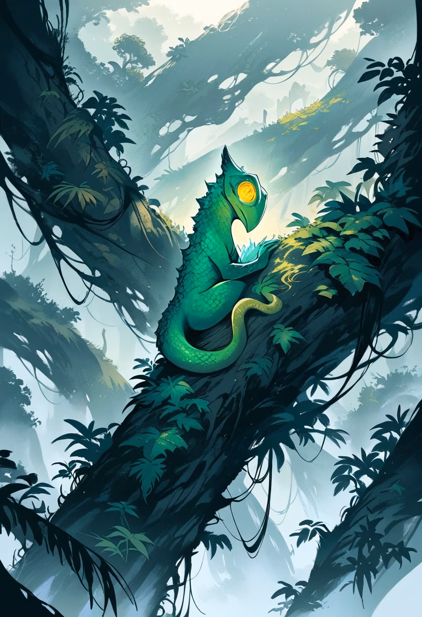 Chameleon In The Mist — view 3 — tiny emerald chameleon, gripping a rainforest vine, humid morning fog swirling below, pale dawn light, quiet mysterious