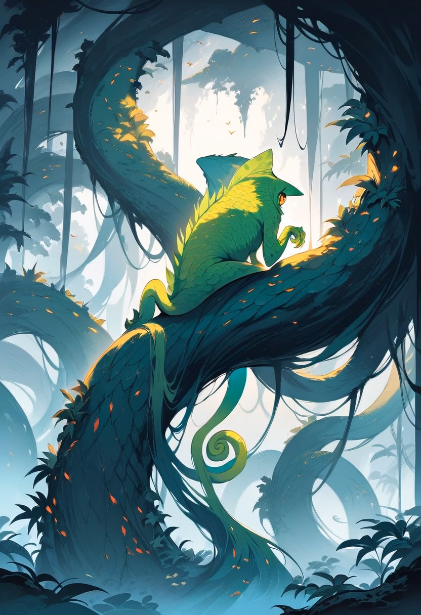 Chameleon In The Mist — view 4 — tiny emerald chameleon, gripping a rainforest vine, humid morning fog swirling below, pale dawn light, quiet mysterious