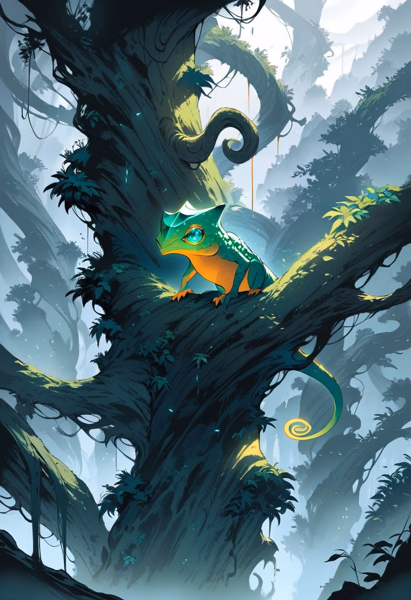 Chameleon In The Mist — view 5 — tiny emerald chameleon, gripping a rainforest vine, humid morning fog swirling below, pale dawn light, quiet mysterious 