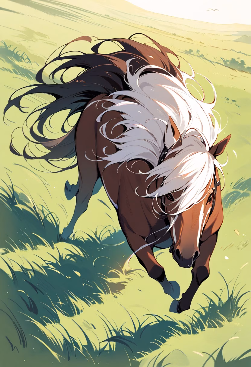 Wild Horse On Prairie — view 1 — wild chestnut horse, galloping across an open grassy prairie, dry summer wind blowing through grass, clear daylight, fre