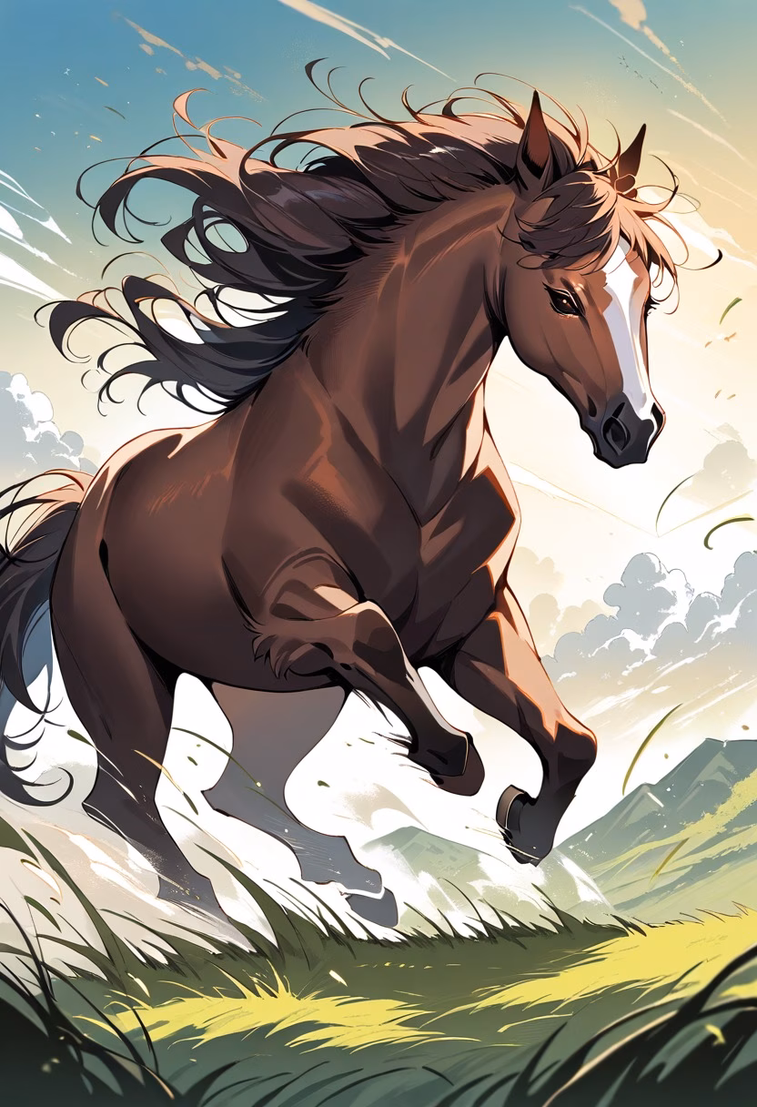 Wild Horse On Prairie — view 2 — wild chestnut horse, galloping across an open grassy prairie, dry summer wind blowing through grass, clear daylight, fre