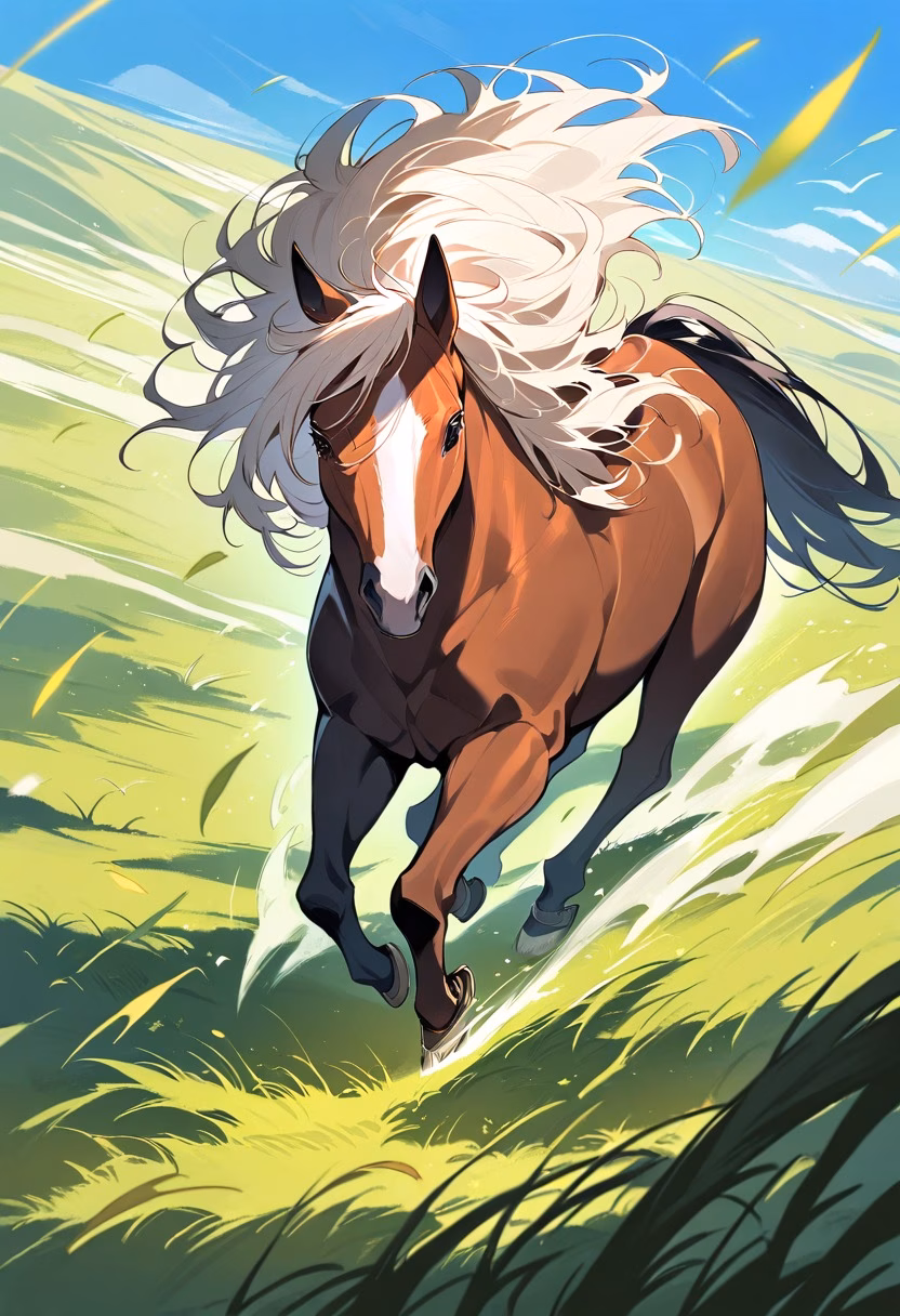 Wild Horse On Prairie — view 3 — wild chestnut horse, galloping across an open grassy prairie, dry summer wind blowing through grass, clear daylight, fre