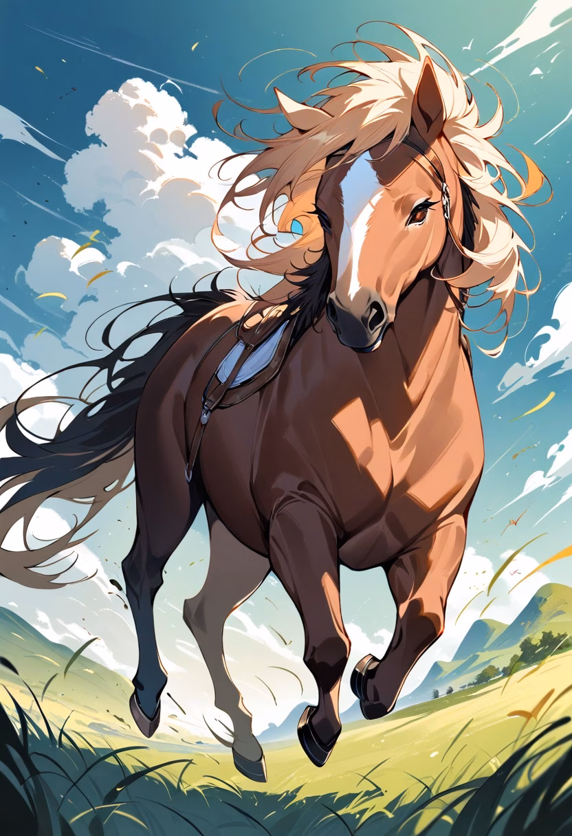 Wild Horse On Prairie — view 4 — wild chestnut horse, galloping across an open grassy prairie, dry summer wind blowing through grass, clear daylight, fre