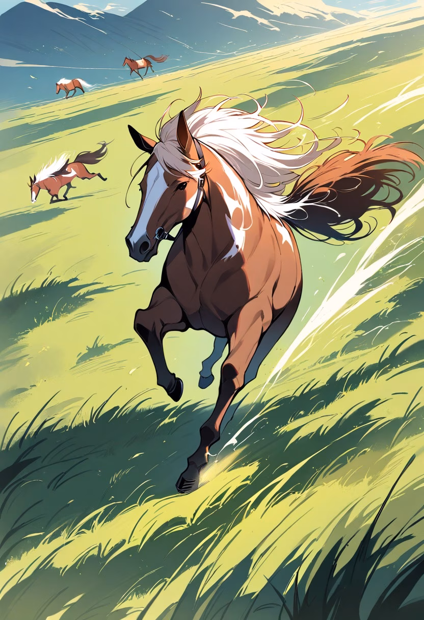 Wild Horse On Prairie — view 5 — wild chestnut horse, galloping across an open grassy prairie, dry summer wind blowing through grass, clear daylight, fre