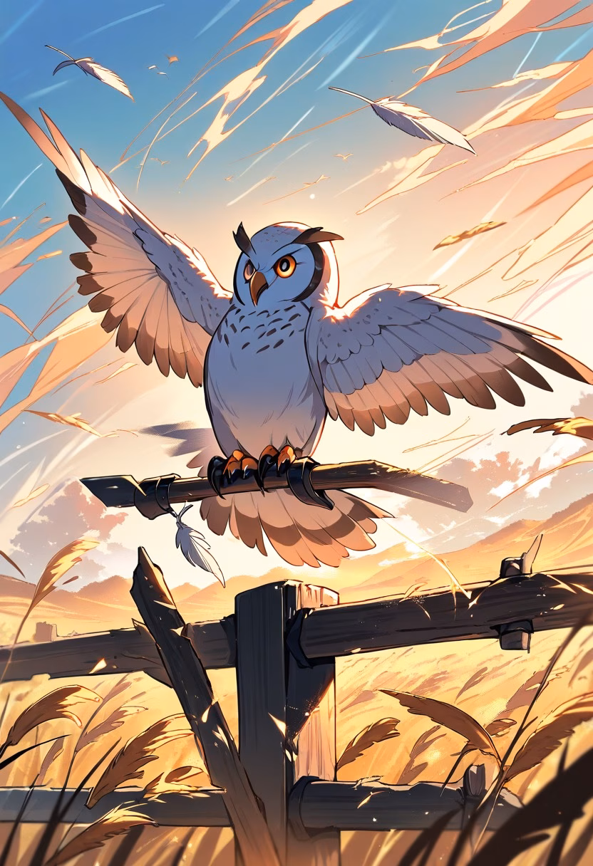 Barn Owl At Sunset — view 1 — silent barn owl, perched atop a weathered fence post, golden wheat fields swaying nearby, warm evening light, watchful q