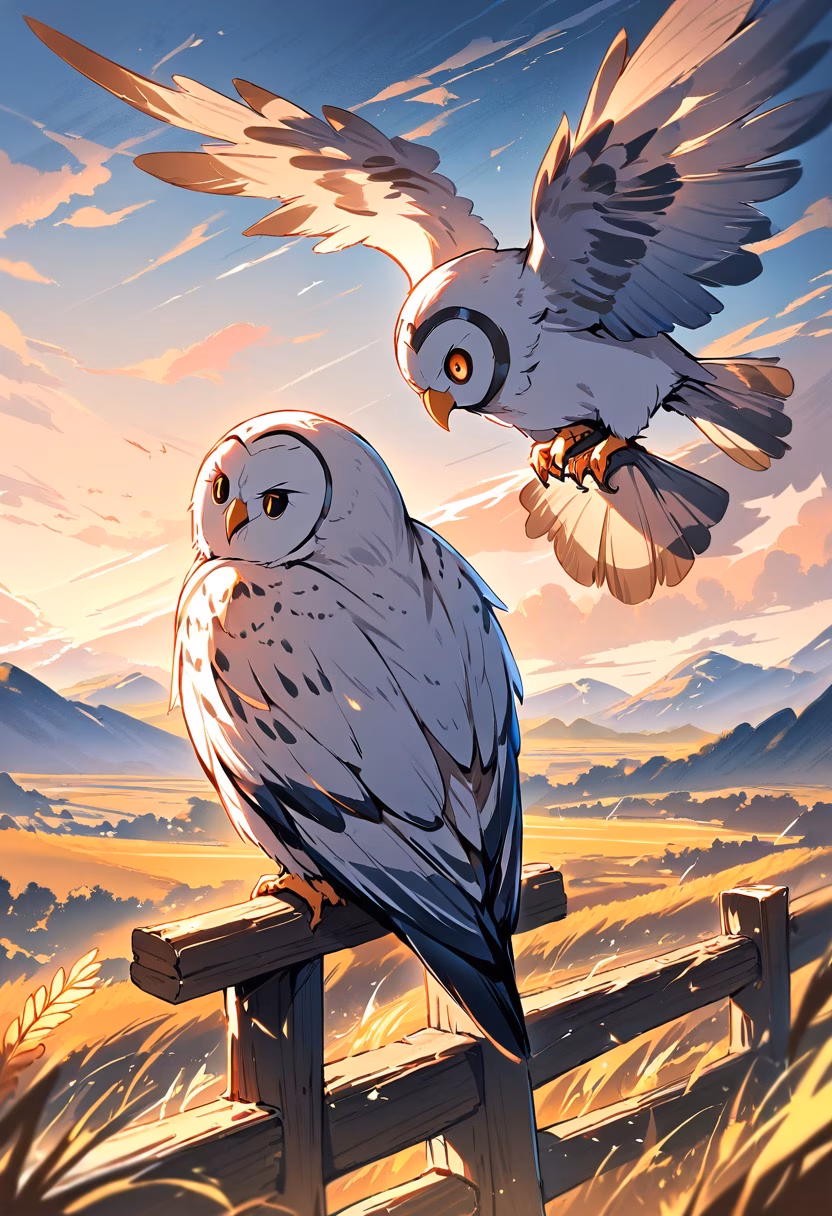 Barn Owl At Sunset — view 2 — silent barn owl, perched atop a weathered fence post, golden wheat fields swaying nearby, warm evening light, watchful q
