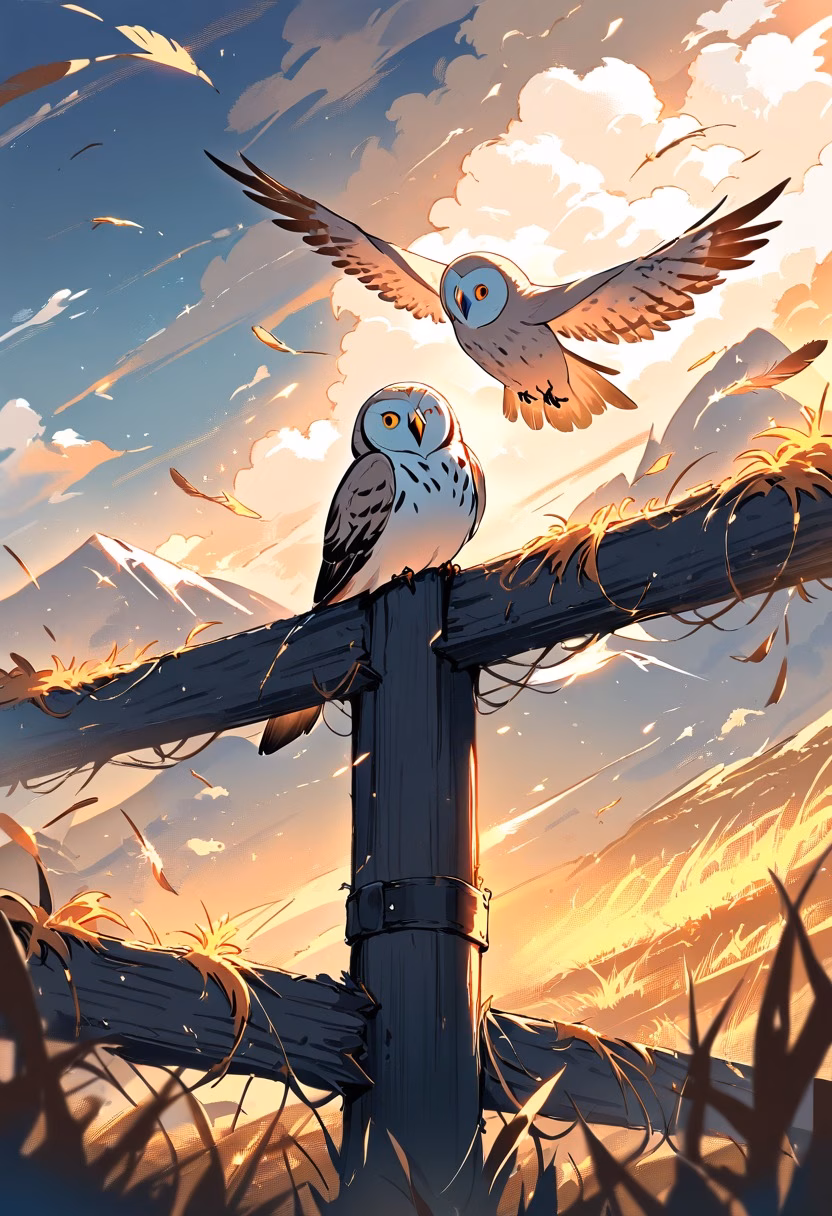 Barn Owl At Sunset — view 3 — silent barn owl, perched atop a weathered fence post, golden wheat fields swaying nearby, warm evening light, watchful q