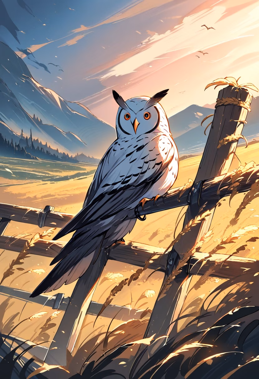 Barn Owl At Sunset — view 4 — silent barn owl, perched atop a weathered fence post, golden wheat fields swaying nearby, warm evening light, watchful q