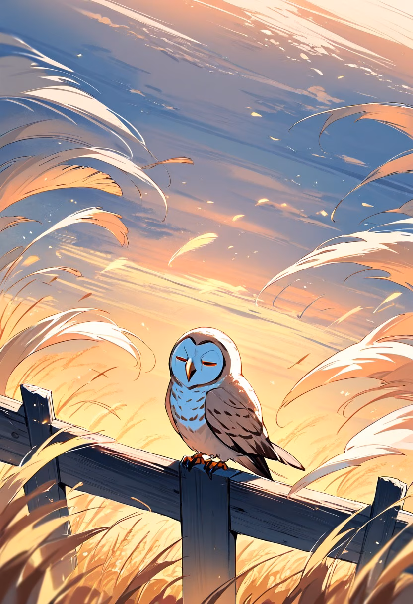 Barn Owl At Sunset — view 5 — silent barn owl, perched atop a weathered fence post, golden wheat fields swaying nearby, warm evening light, watchful q
