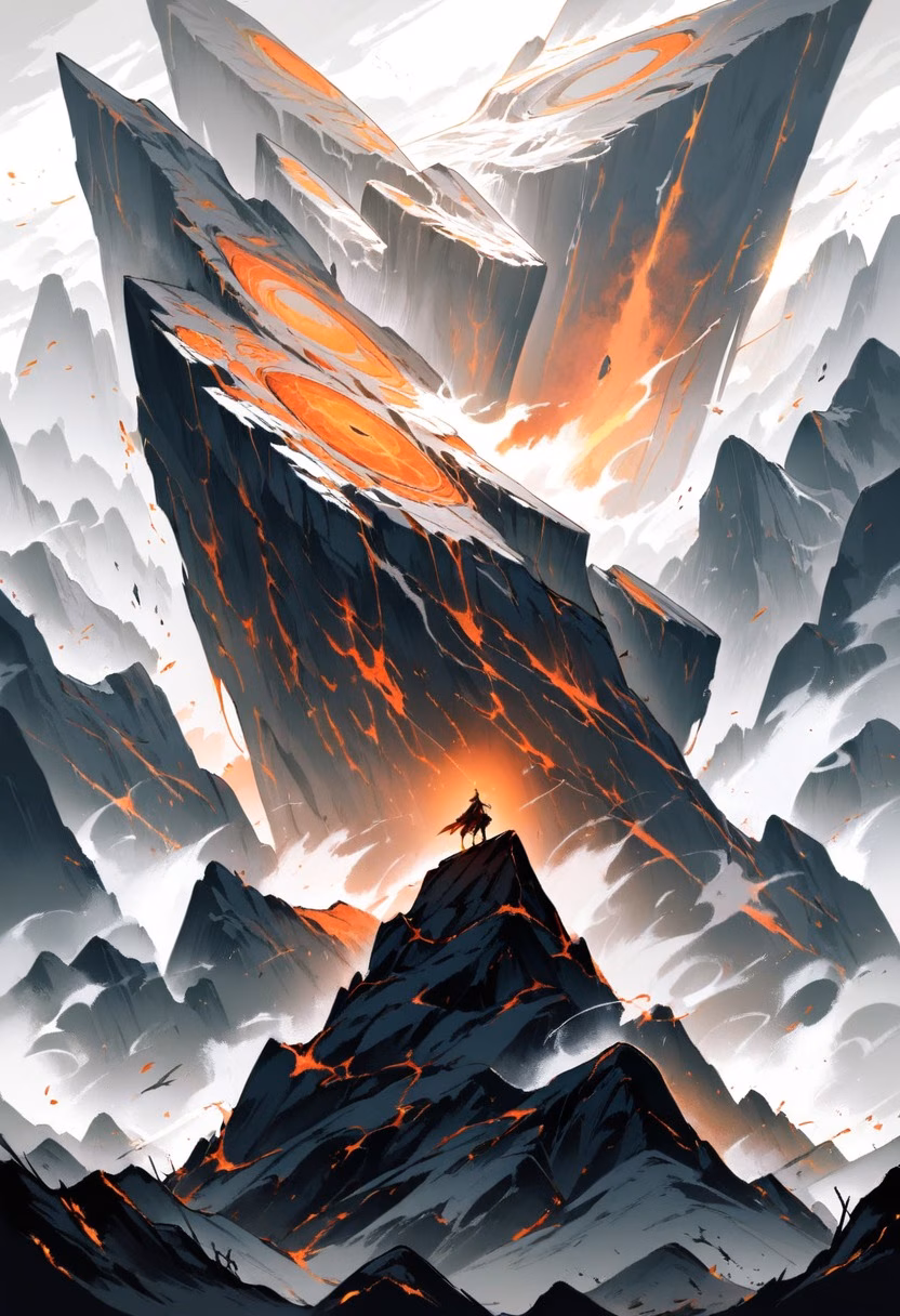 Volcanic Crater At Dusk — view 1 — smoldering volcanic crater, rising above a barren ashen landscape, faint sulfur steam drifting upward, dusky orange ligh