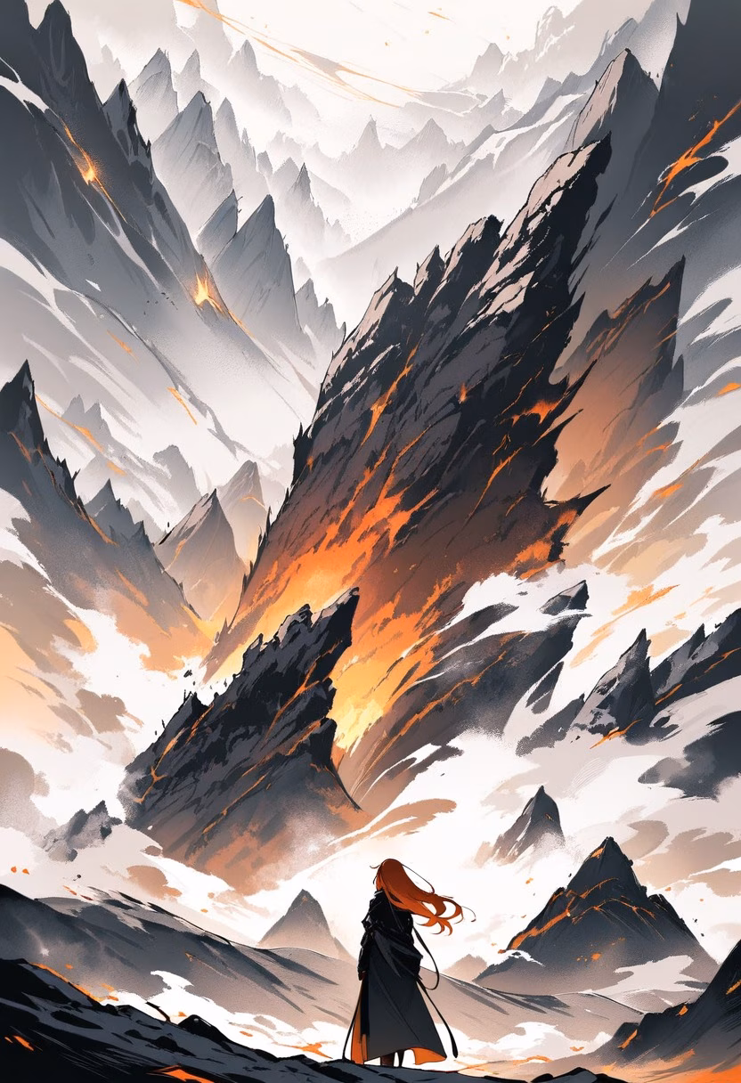Volcanic Crater At Dusk — view 2 — smoldering volcanic crater, rising above a barren ashen landscape, faint sulfur steam drifting upward, dusky orange ligh