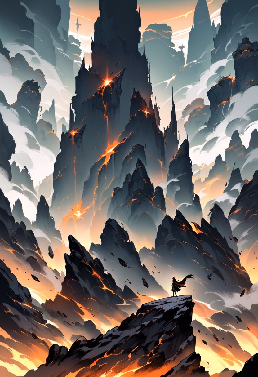 Volcanic Crater At Dusk — view 3 — smoldering volcanic crater, rising above a barren ashen landscape, faint sulfur steam drifting upward, dusky orange ligh