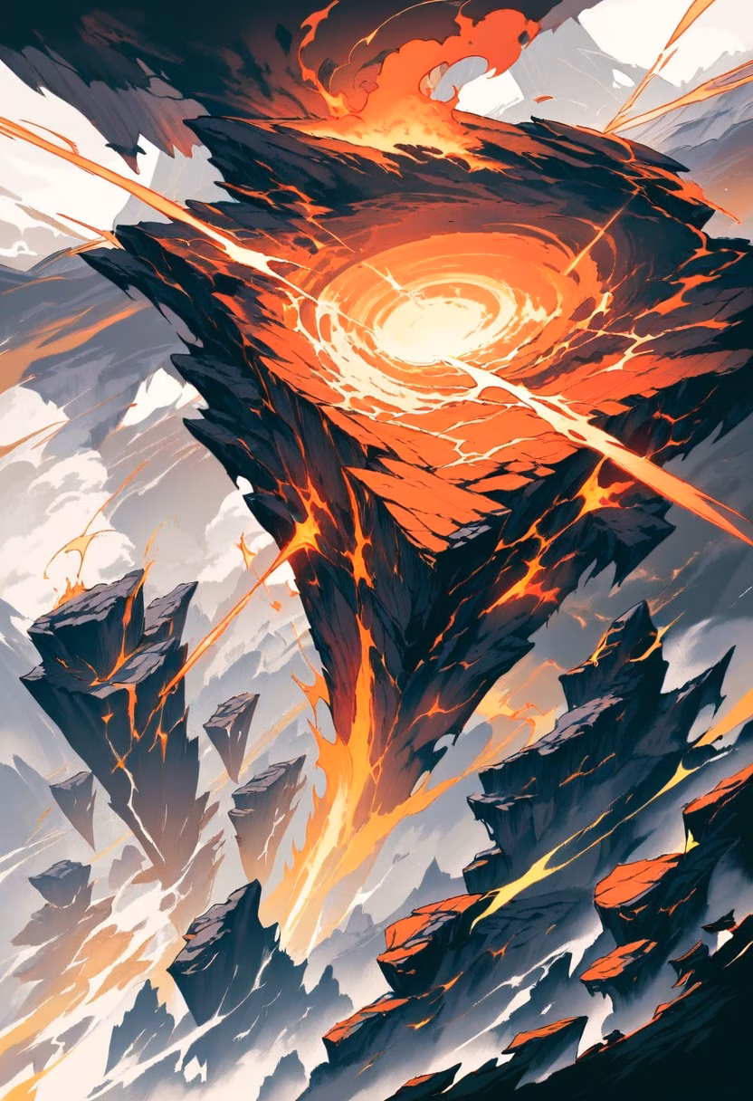 Volcanic Crater At Dusk — view 4 — smoldering volcanic crater, rising above a barren ashen landscape, faint sulfur steam drifting upward, dusky orange ligh