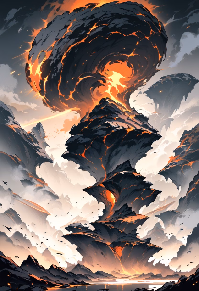 Volcanic Crater At Dusk — view 5 — smoldering volcanic crater, rising above a barren ashen landscape, faint sulfur steam drifting upward, dusky orange ligh