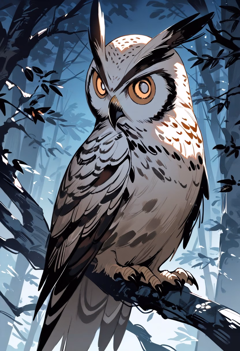 Owl in Moonlit Forest — view 1 — owl perched on branch, night forest, big amber eyes, feathers detailed, moonlight, wildlife, mysterious, detailed plumag