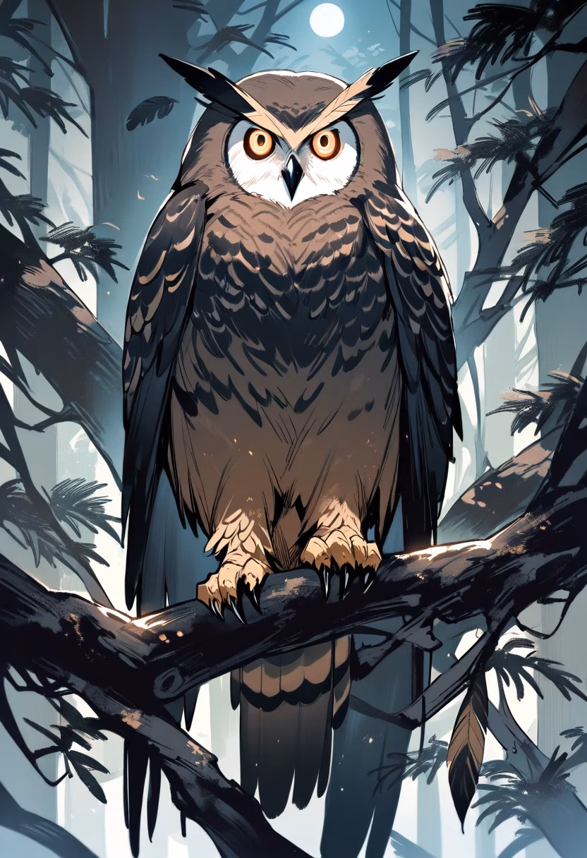 Owl in Moonlit Forest — view 2 — owl perched on branch, night forest, big amber eyes, feathers detailed, moonlight, wildlife, mysterious, detailed plumag