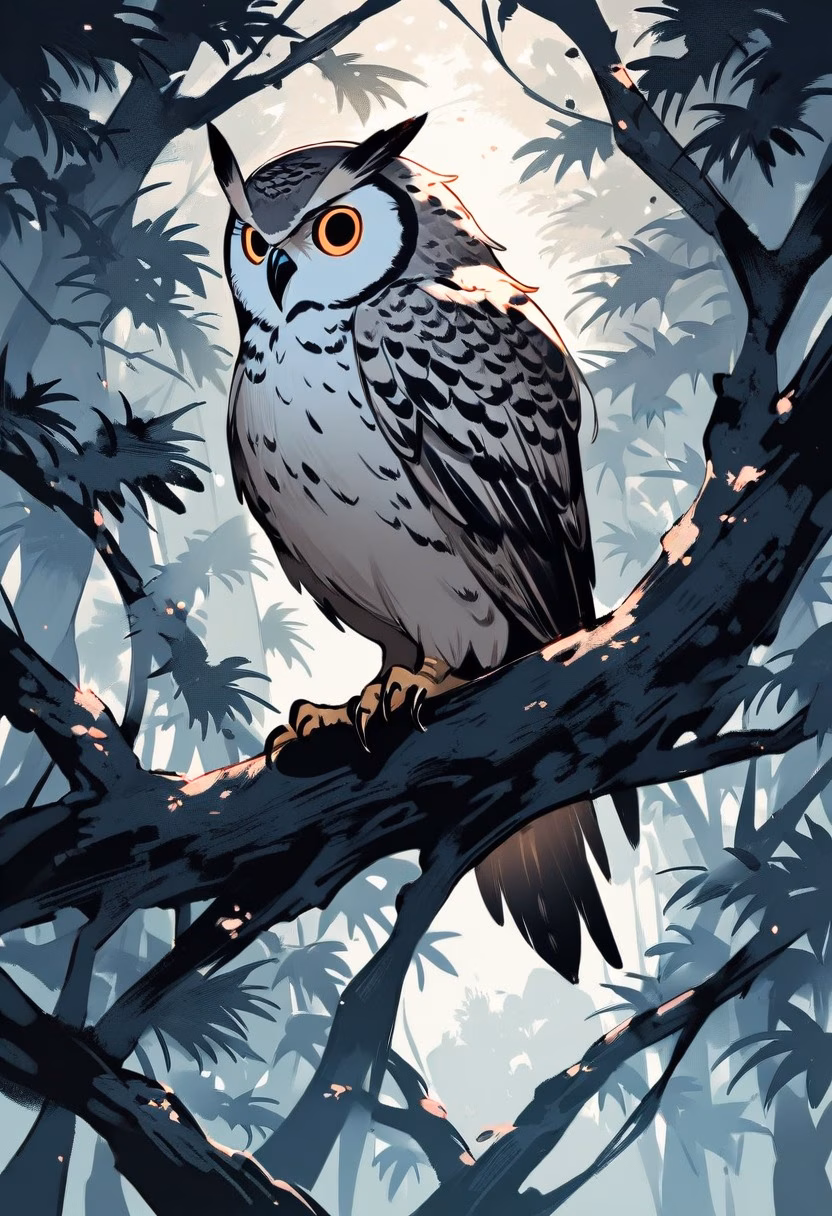 Owl in Moonlit Forest — view 3 — owl perched on branch, night forest, big amber eyes, feathers detailed, moonlight, wildlife, mysterious, detailed plumag