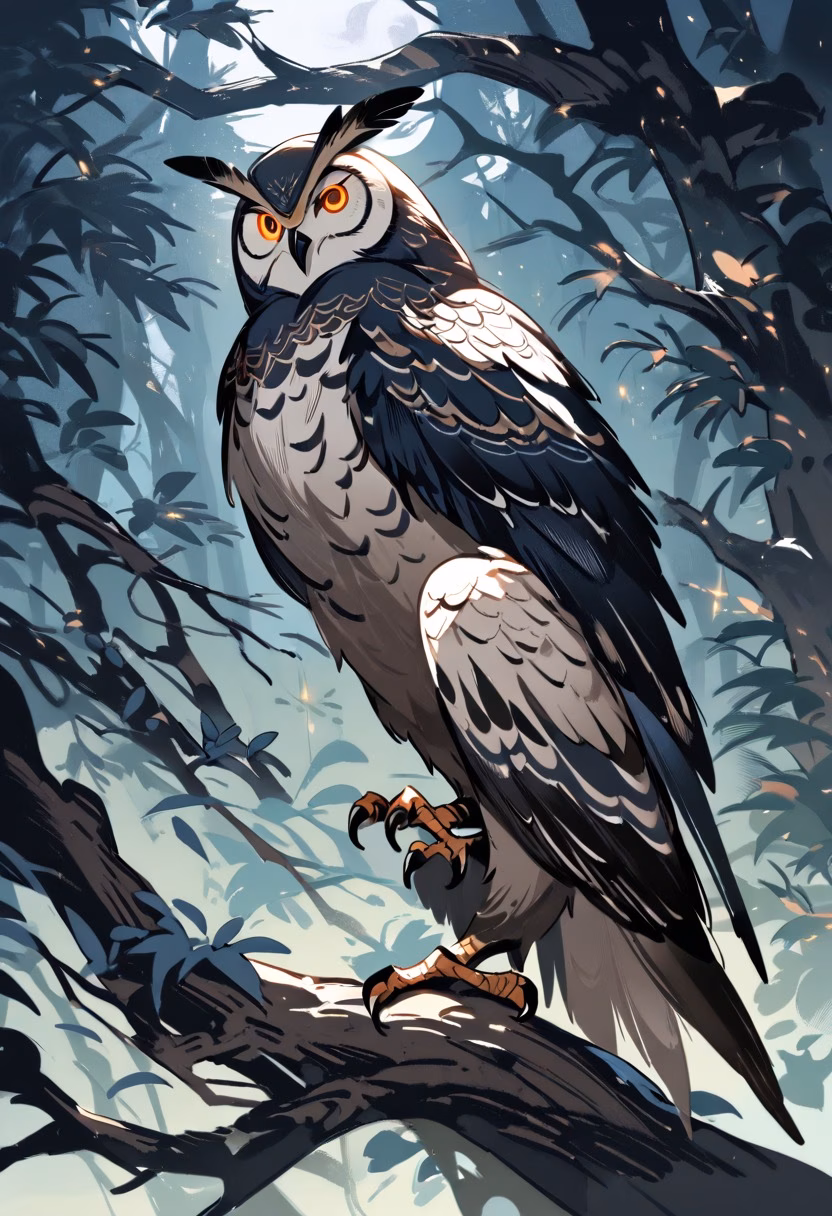 Owl in Moonlit Forest — view 4 — owl perched on branch, night forest, big amber eyes, feathers detailed, moonlight, wildlife, mysterious, detailed plumag