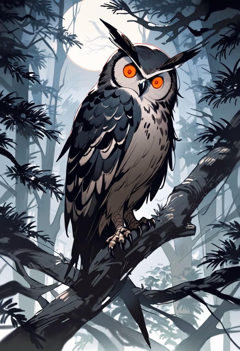 Owl in Moonlit Forest — view 5 — owl perched on branch, night forest, big amber eyes, feathers detailed, moonlight, wildlife, mysterious, detailed plumag