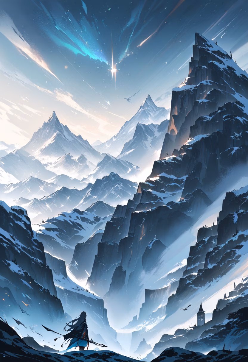Fjord Under Northern Lights — view 1 — towering norwegian fjord, cutting through icy dark waters, faint aurora shimmering in the sky, deep night light, tranqui
