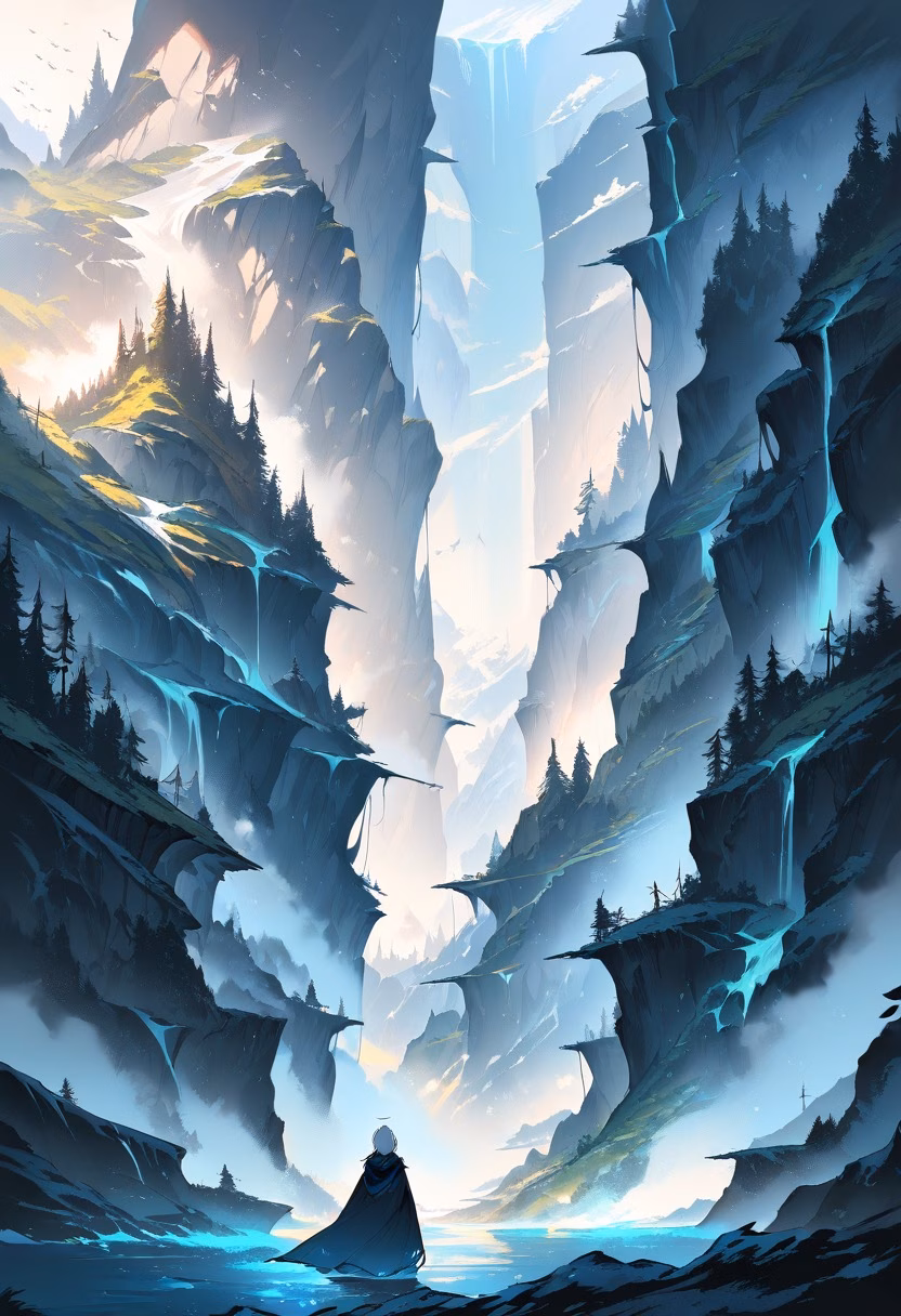 Fjord Under Northern Lights — view 2 — towering norwegian fjord, cutting through icy dark waters, faint aurora shimmering in the sky, deep night light, tranqui