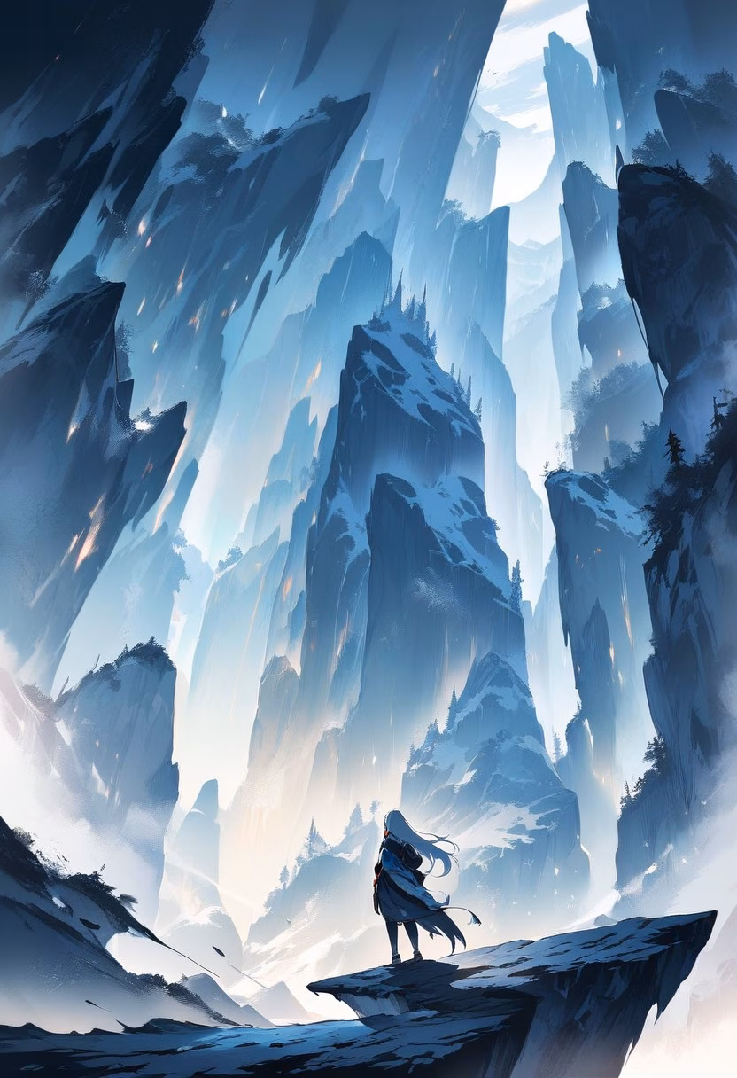 Fjord Under Northern Lights — view 3 — towering norwegian fjord, cutting through icy dark waters, faint aurora shimmering in the sky, deep night light, tranqui