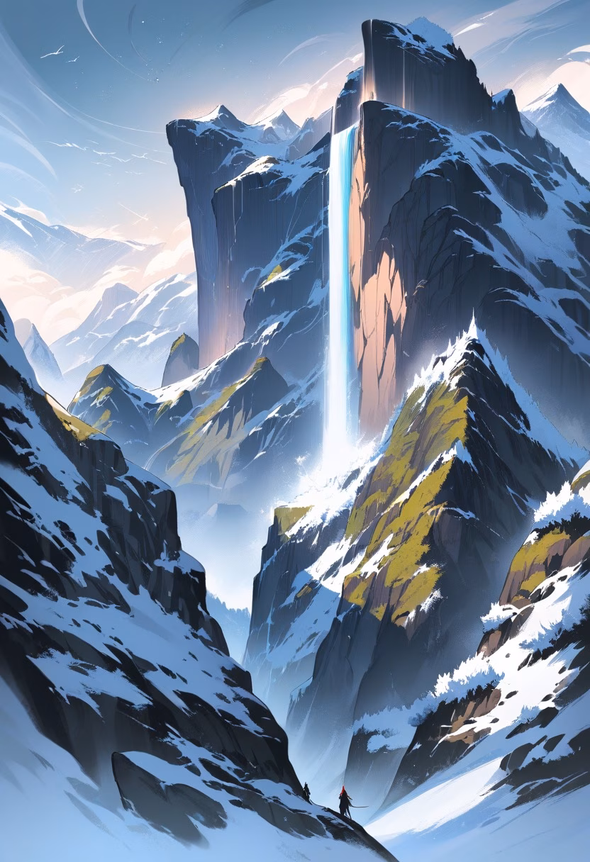 Fjord Under Northern Lights — view 5 — towering norwegian fjord, cutting through icy dark waters, faint aurora shimmering in the sky, deep night light, tranqui