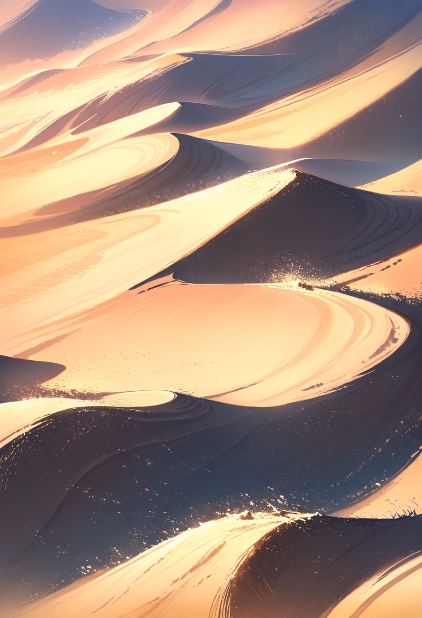 Sahara Dunes At Dawn — view 2 — rolling sahara dunes, stretching across an endless golden desert, gentle morning wind shaping sand ripples, soft dawn li