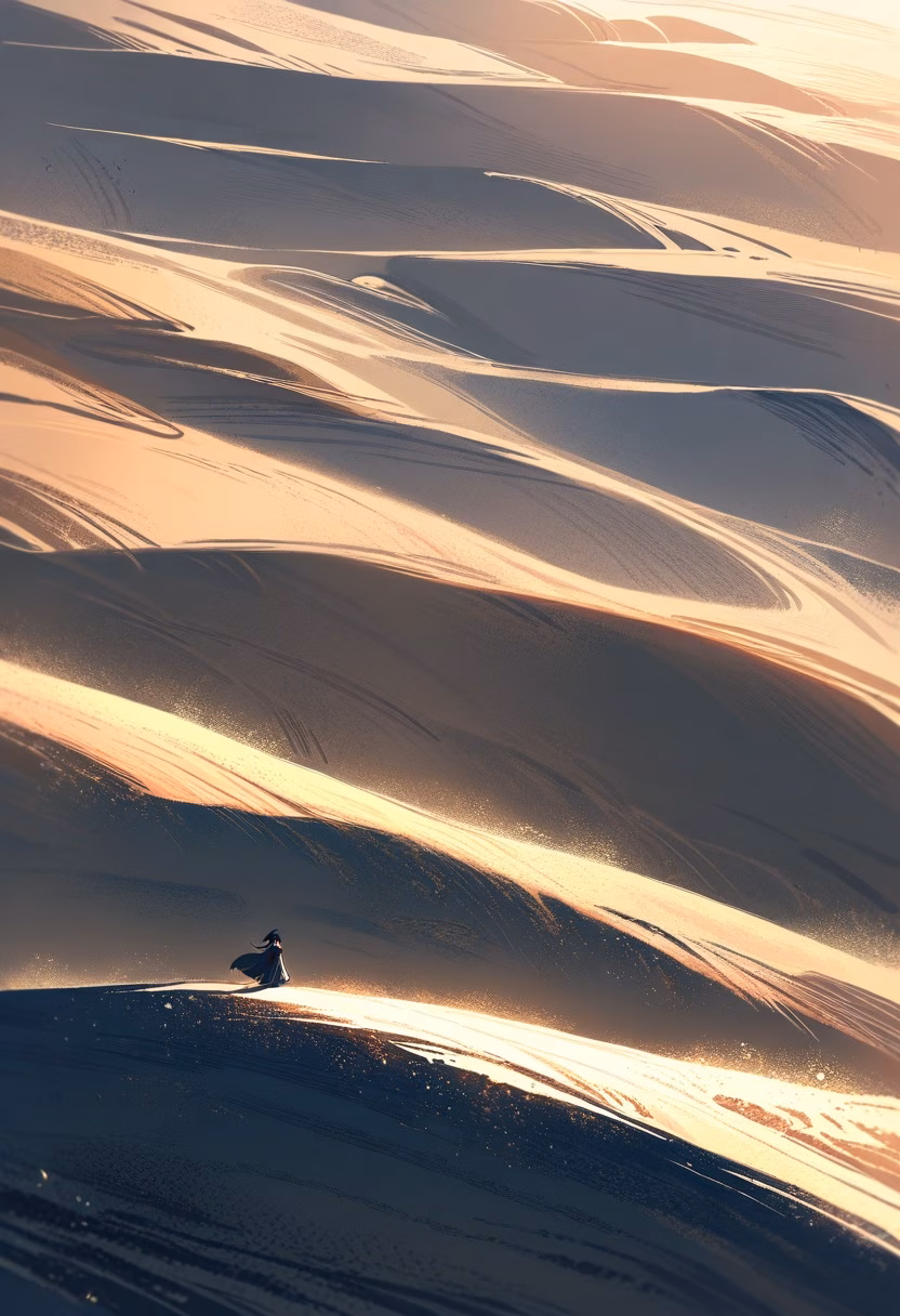 Sahara Dunes At Dawn — view 3 — rolling sahara dunes, stretching across an endless golden desert, gentle morning wind shaping sand ripples, soft dawn li
