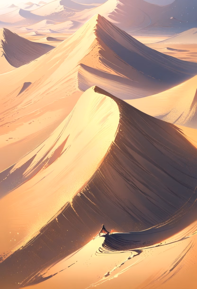 Sahara Dunes At Dawn — view 4 — rolling sahara dunes, stretching across an endless golden desert, gentle morning wind shaping sand ripples, soft dawn li