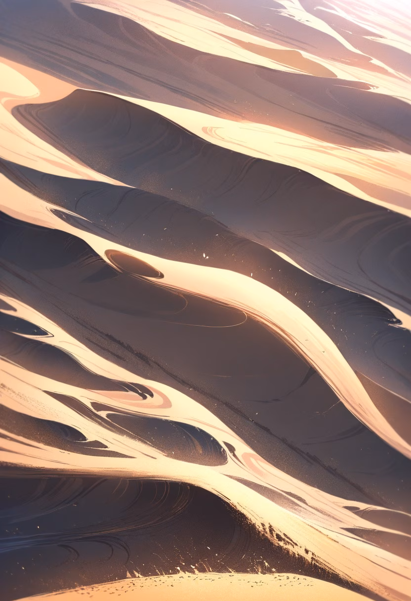 Sahara Dunes At Dawn — view 5 — rolling sahara dunes, stretching across an endless golden desert, gentle morning wind shaping sand ripples, soft dawn li