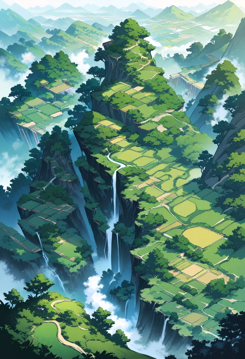 Terraced Rice Fields — view 1 — lush emerald rice terraces, cascading down a steep tropical hillside, thin monsoon clouds hovering above, bright dayligh