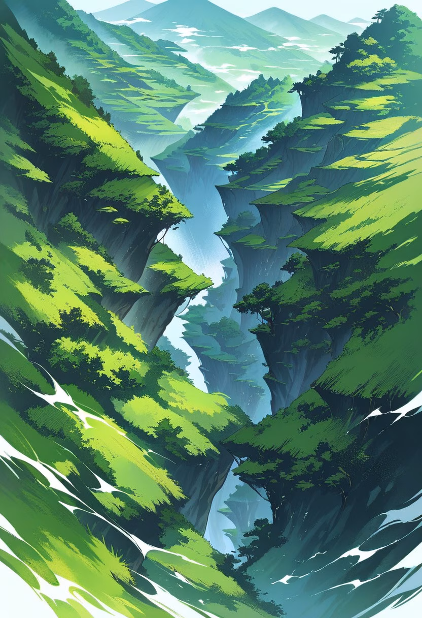 Terraced Rice Fields — view 2 — lush emerald rice terraces, cascading down a steep tropical hillside, thin monsoon clouds hovering above, bright dayligh