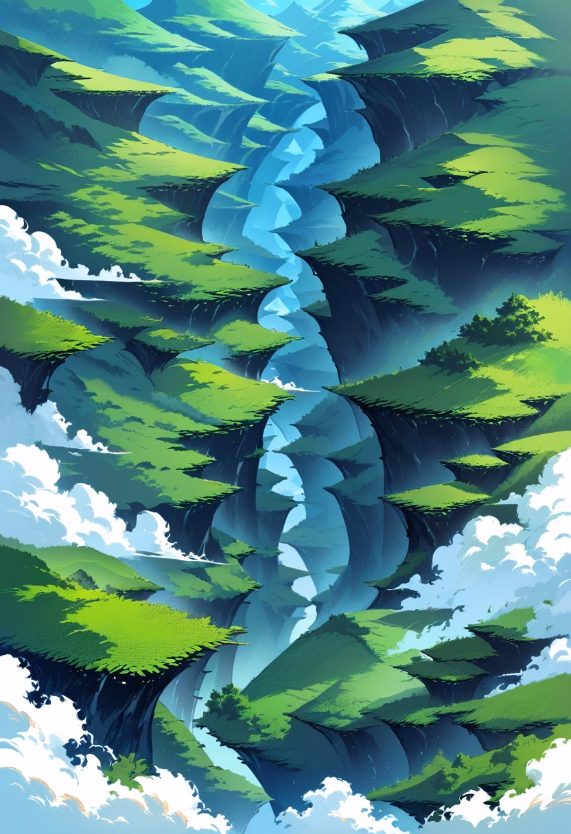Terraced Rice Fields — view 3 — lush emerald rice terraces, cascading down a steep tropical hillside, thin monsoon clouds hovering above, bright dayligh
