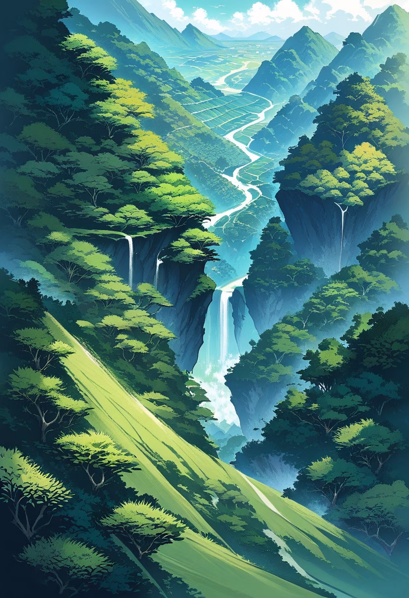 Terraced Rice Fields — view 4 — lush emerald rice terraces, cascading down a steep tropical hillside, thin monsoon clouds hovering above, bright dayligh