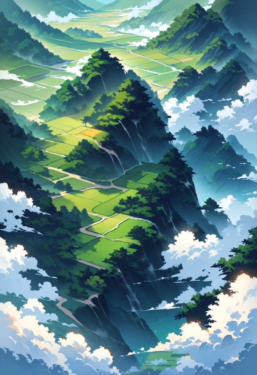 Terraced Rice Fields — view 5 — lush emerald rice terraces, cascading down a steep tropical hillside, thin monsoon clouds hovering above, bright dayligh