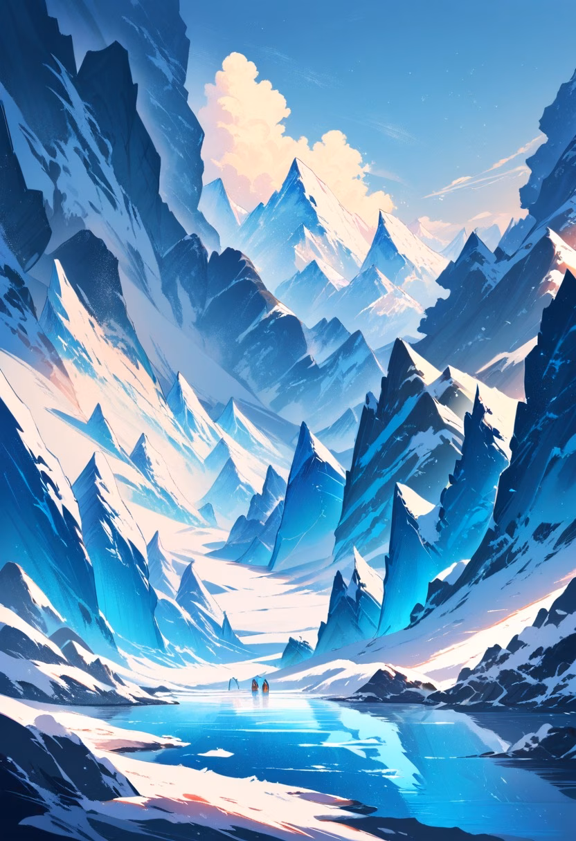 Glacier At Golden Hour — view 1 — massive blue glacier, calving into a frigid arctic bay, scattered icebergs floating nearby, warm golden hour light, awe-