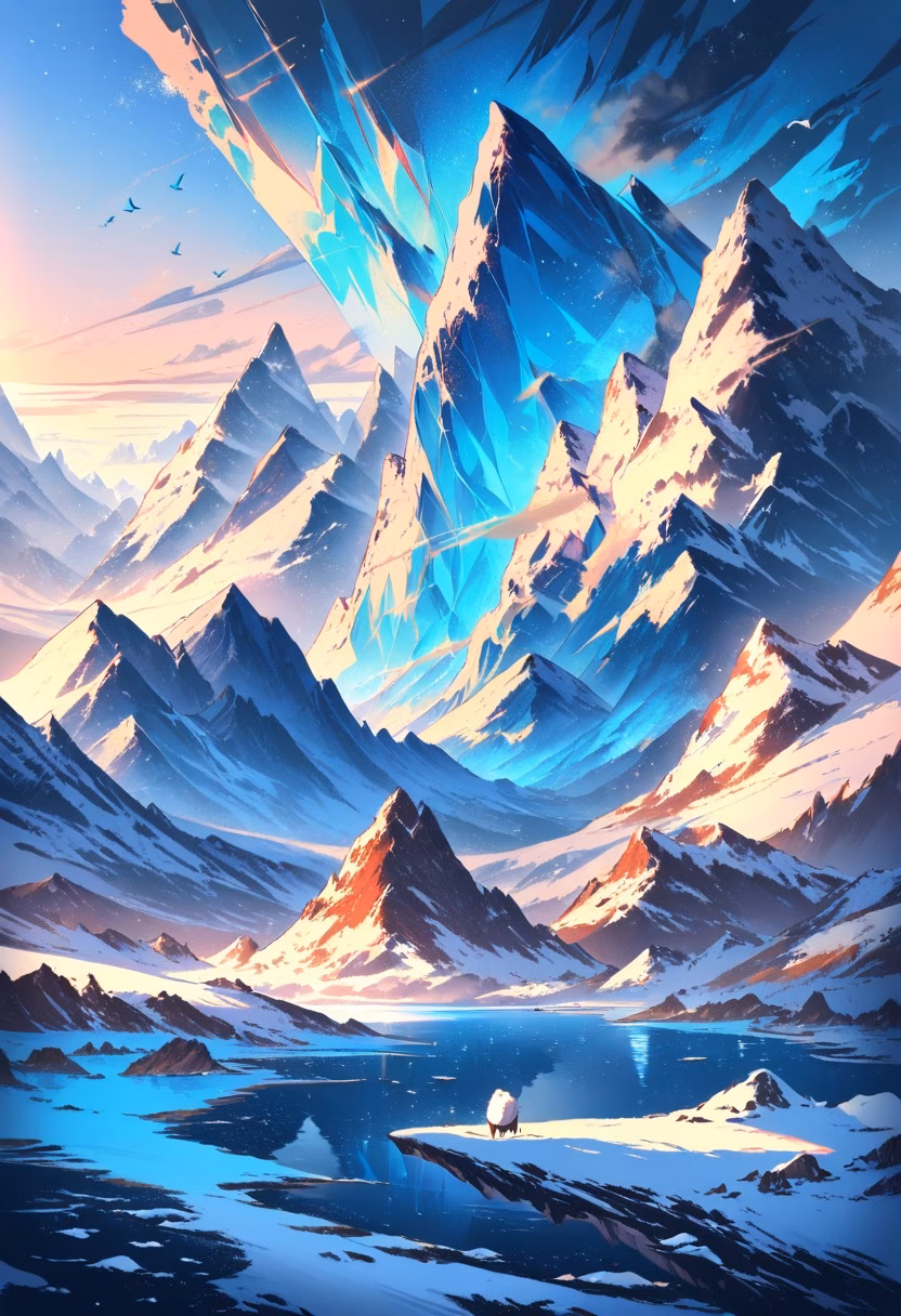 Glacier At Golden Hour — view 2 — massive blue glacier, calving into a frigid arctic bay, scattered icebergs floating nearby, warm golden hour light, awe-