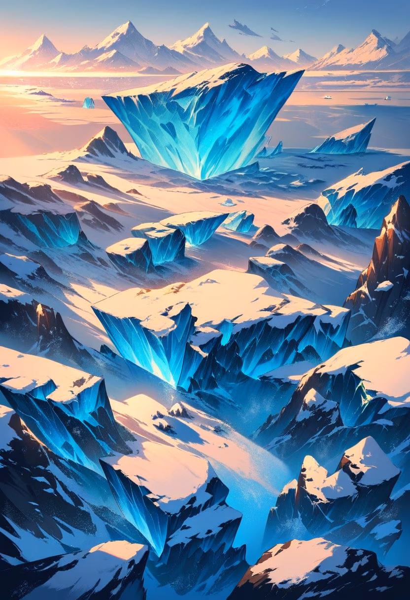 Glacier At Golden Hour — view 3 — massive blue glacier, calving into a frigid arctic bay, scattered icebergs floating nearby, warm golden hour light, awe-