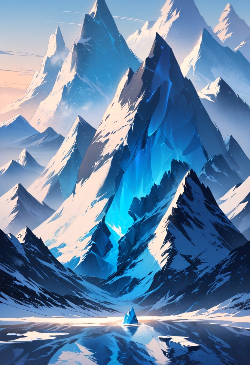 Glacier At Golden Hour — view 4 — massive blue glacier, calving into a frigid arctic bay, scattered icebergs floating nearby, warm golden hour light, awe-