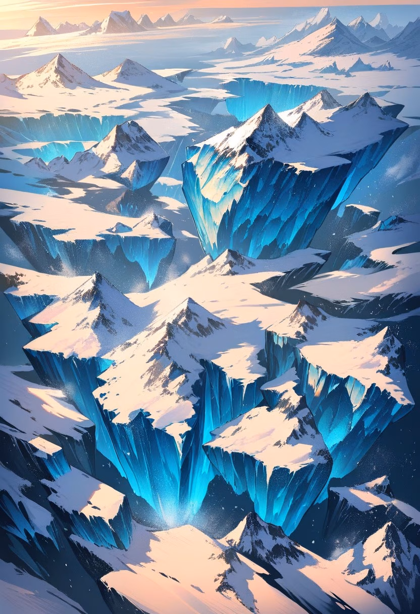 Glacier At Golden Hour — view 5 — massive blue glacier, calving into a frigid arctic bay, scattered icebergs floating nearby, warm golden hour light, awe-
