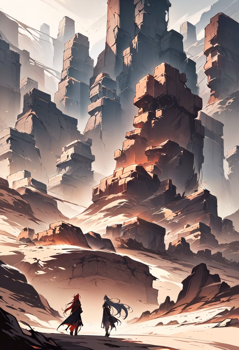 Red Canyon At Dusk — view 2 — deep red-rock canyon, winding through an arid desert plateau, faint dust haze lingering below, dusky amber light, dramat