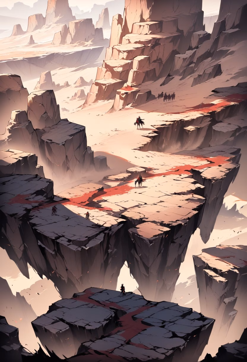 Red Canyon At Dusk — view 3 — deep red-rock canyon, winding through an arid desert plateau, faint dust haze lingering below, dusky amber light, dramat