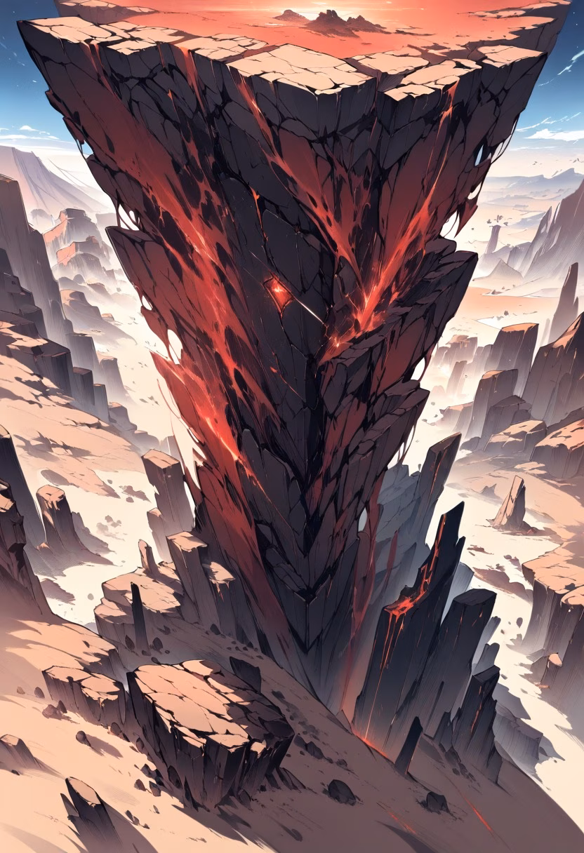 Red Canyon At Dusk — view 5 — deep red-rock canyon, winding through an arid desert plateau, faint dust haze lingering below, dusky amber light, dramat