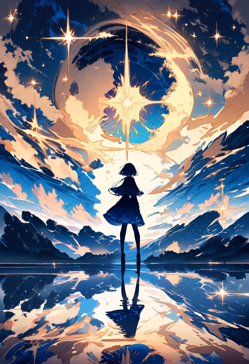 Salt Flat Reflections — view 4 — vast bolivian salt flat, reflecting a star-filled night sky, thin layer of standing rainwater shimmering, deep night lig