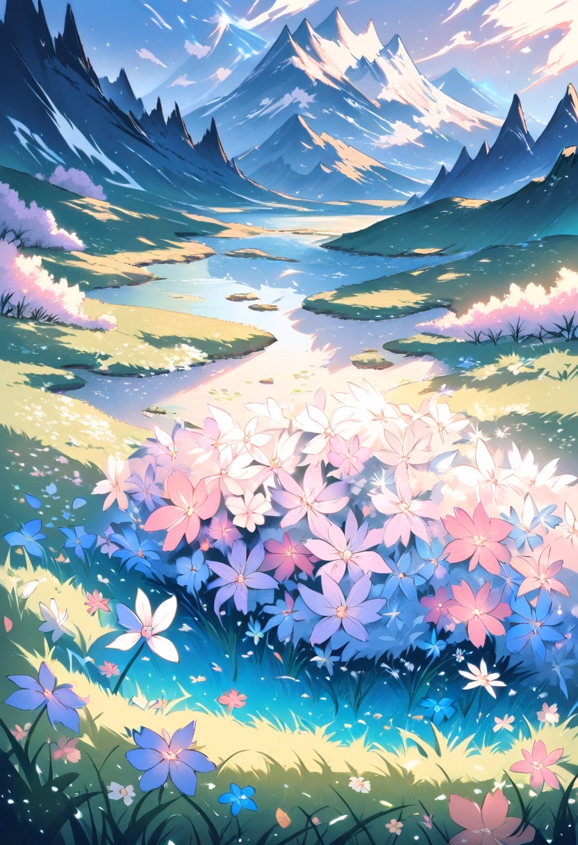 Alpine Meadow At Dawn — view 1 — colorful alpine meadow, blanketed with wildflowers below jagged peaks, light spring frost melting on grass, soft dawn li