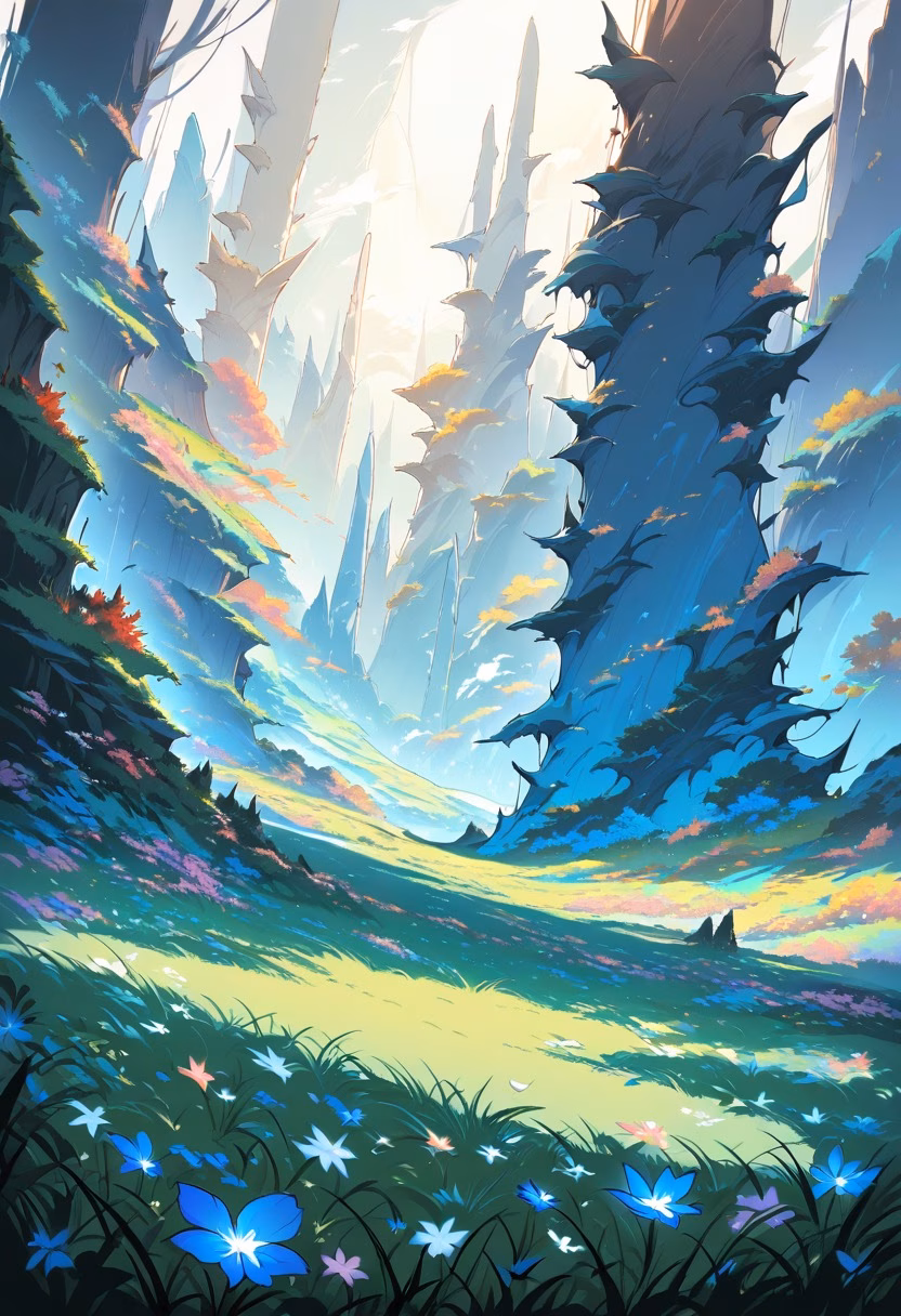 Alpine Meadow At Dawn — view 2 — colorful alpine meadow, blanketed with wildflowers below jagged peaks, light spring frost melting on grass, soft dawn li