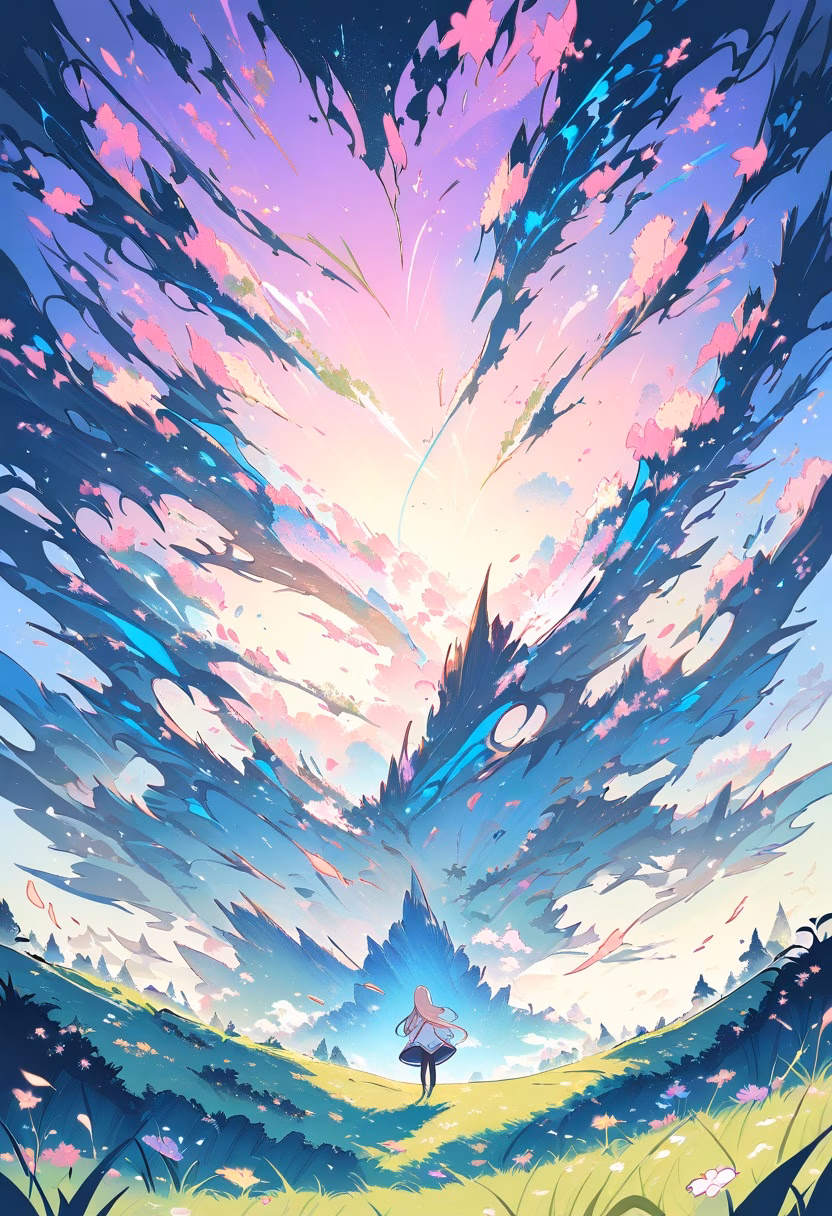 Alpine Meadow At Dawn — view 3 — colorful alpine meadow, blanketed with wildflowers below jagged peaks, light spring frost melting on grass, soft dawn li