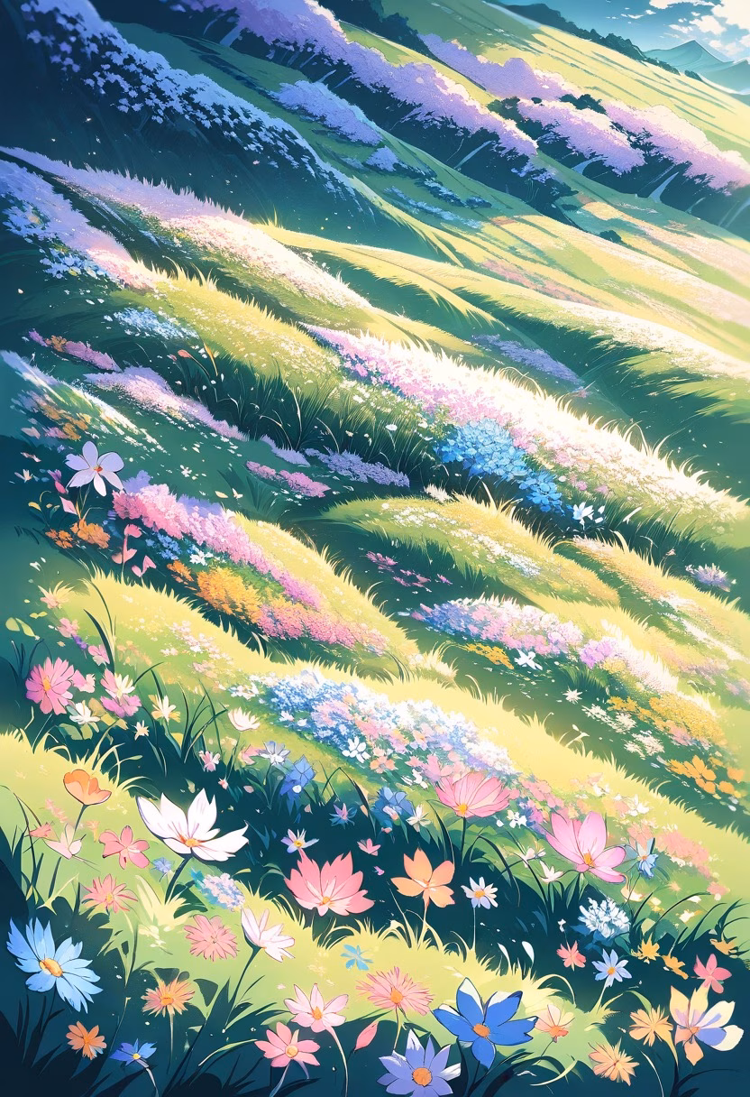 Alpine Meadow At Dawn — view 4 — colorful alpine meadow, blanketed with wildflowers below jagged peaks, light spring frost melting on grass, soft dawn li